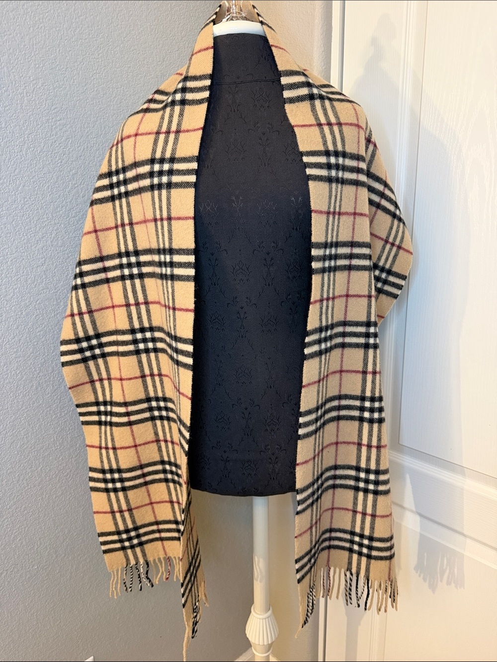 Burberry Beige Plaid Fringe Cape Wrap